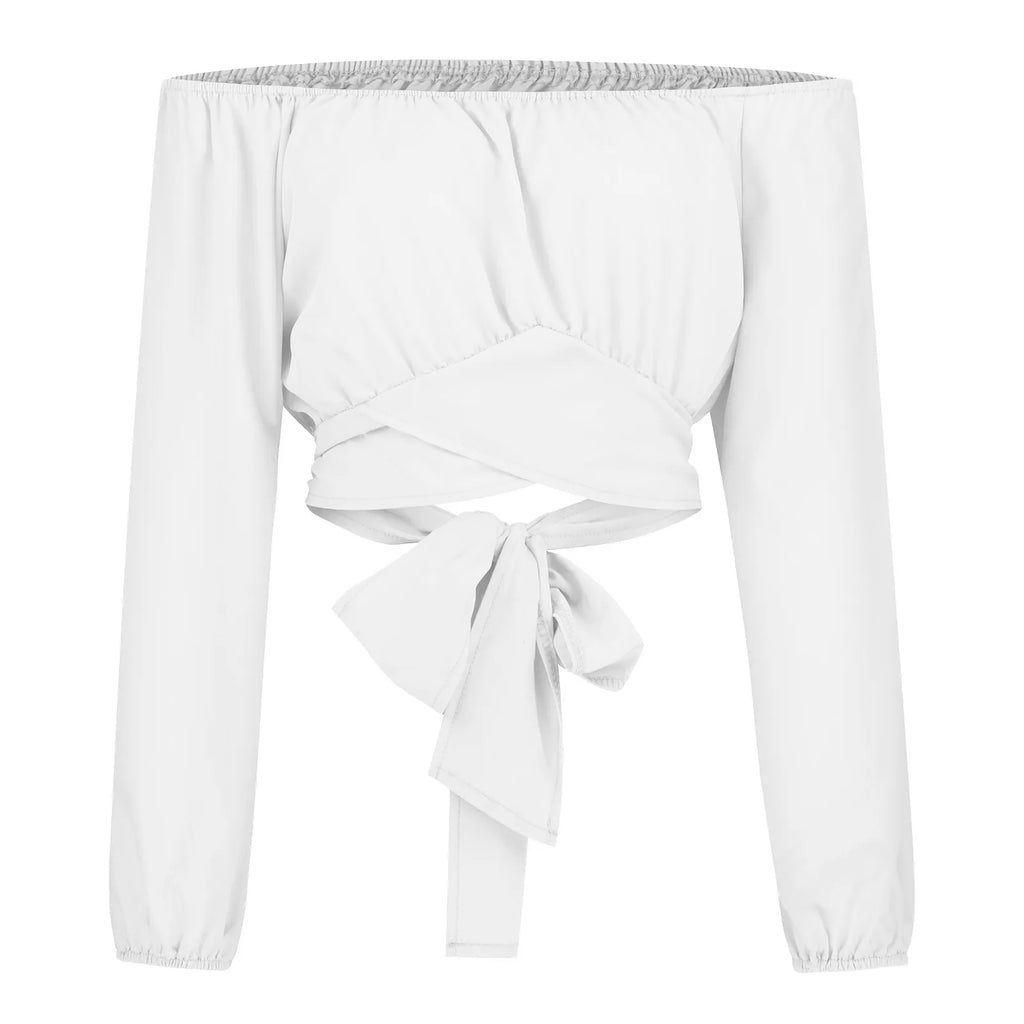Women Sexy Off Shoulder Printing Blouses Chic and Elegant Lantern Long Sleeve Lace Up Bow Cropped Tops Casual Slim Shirts 2023