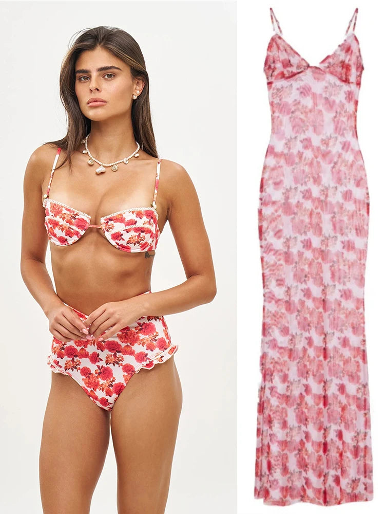 Long Dress Bikini Cover Up Print Mesh Swimwear Sexy Floral Bikinis Covers Thongs Swimsuit Biquini Beachwear