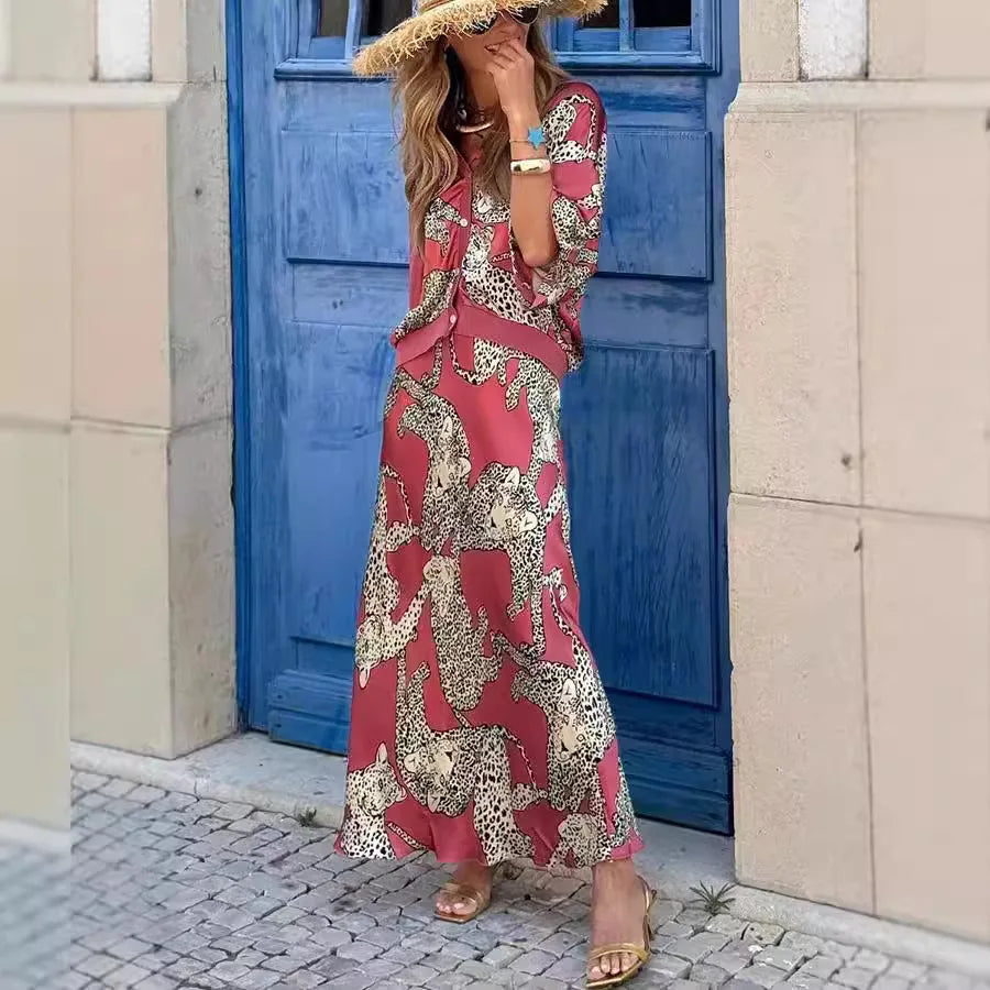 2024 Autumn New Women's Elegant Printed Leopard Pattern Fashion Two Piece Set V-neck Single Breasted Sexy Shirt Long Skirt Set