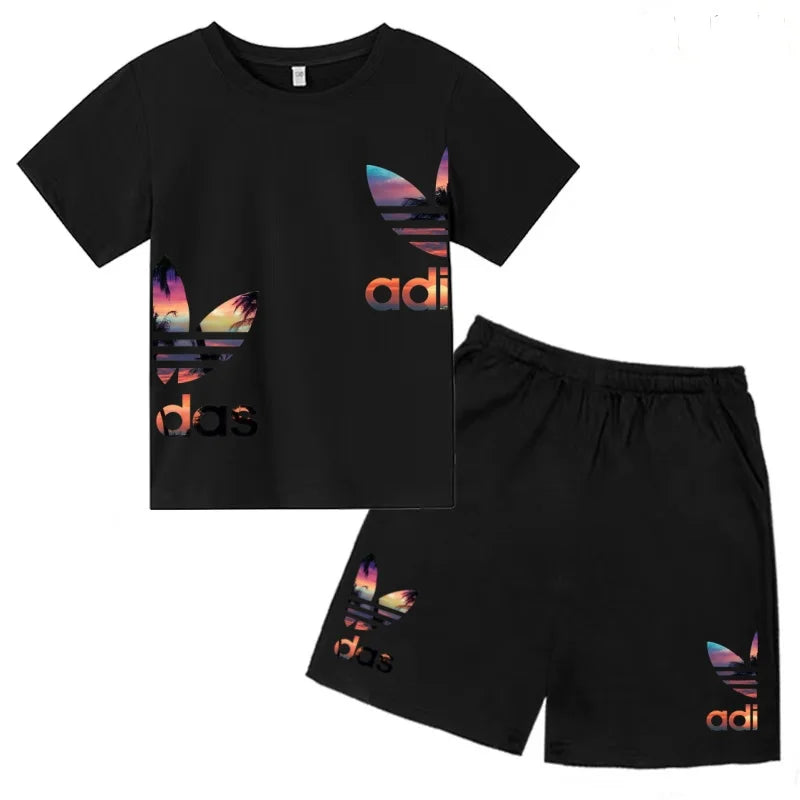 Kids T-shirt Set Colorful Letter Print Boys Girls 3-12Yrs Gift Short-sleeved+shorts 2P Round Neck Sports Casual Charming Clothes