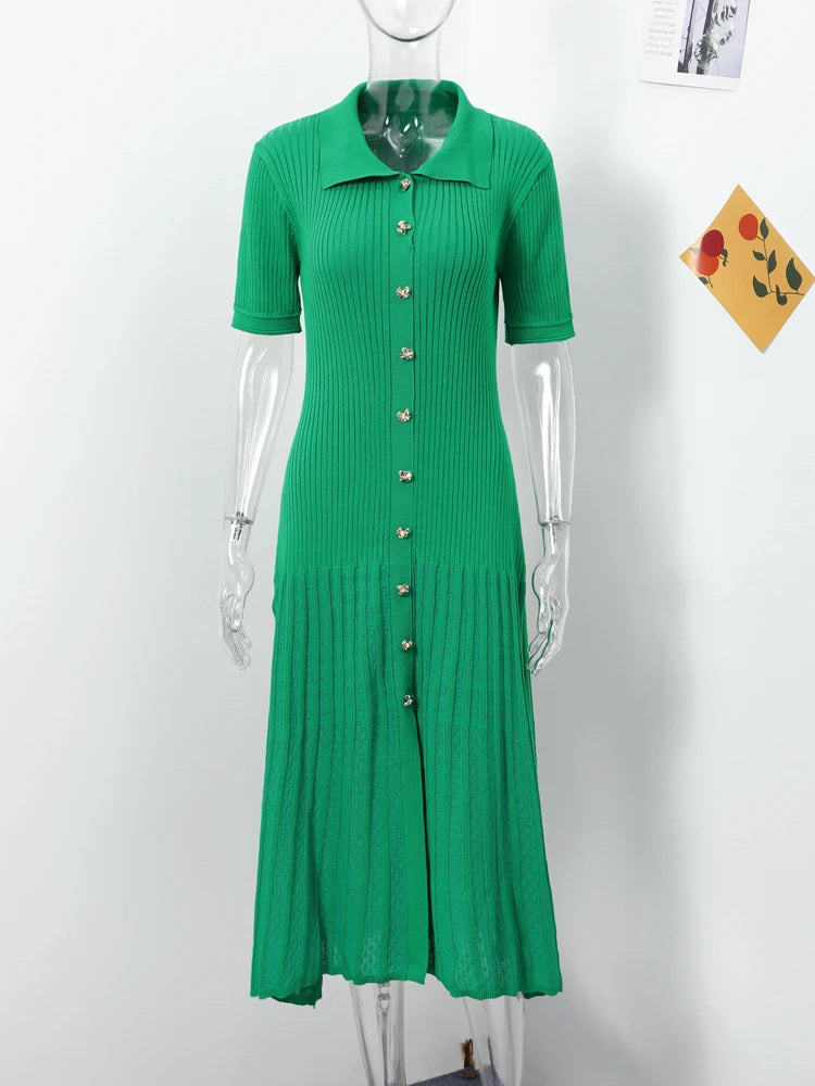 Knitted Women Long Dresses Hollow Out Short Sleeved Women Split Dress O-neck Single Breasted Female Solid Elegant Ladies Robe