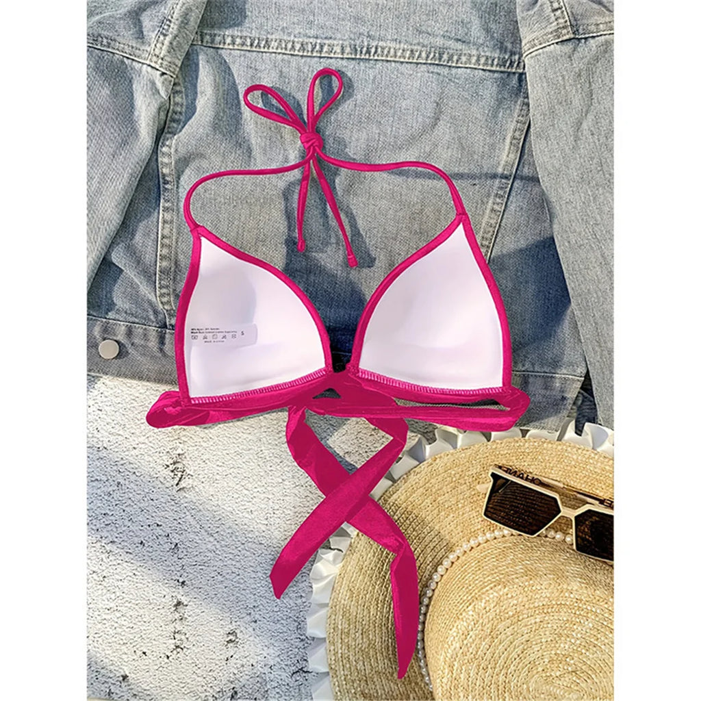 XS - XL New Sexy Push Up Bra Cup Halter Bikini Top Female Swimsuit Women Swimwear Bather Bathing Suit Swim Solid Beach Top V7019