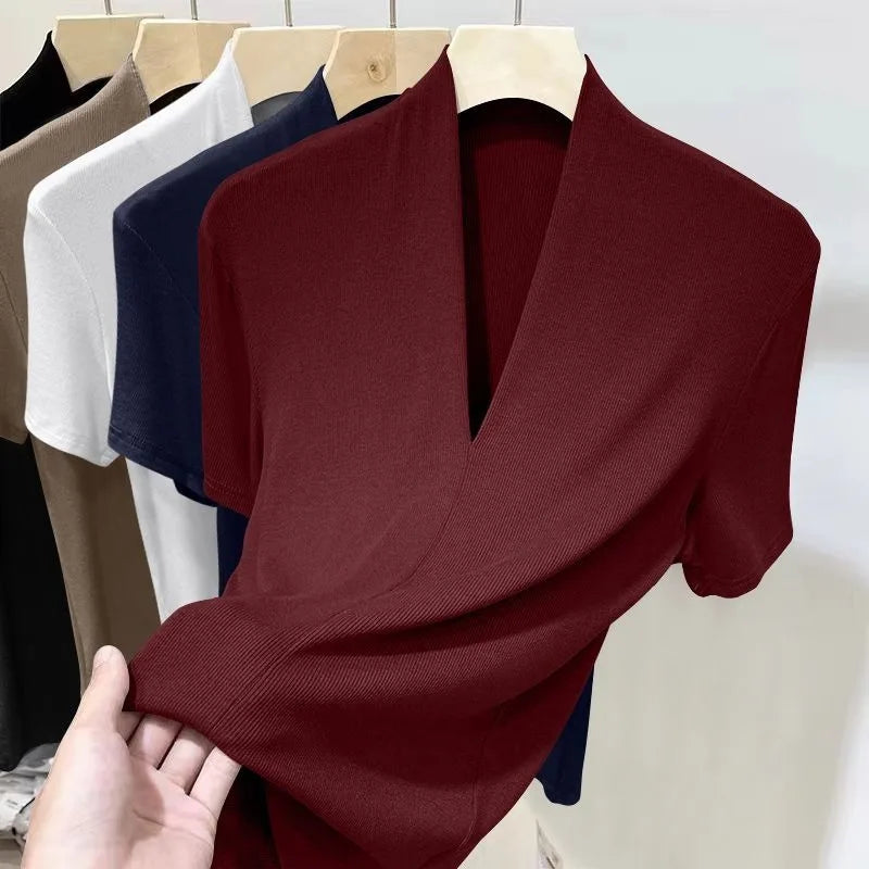 Summer Threaded Women's Short-sleeved T-shirt Fashion Versatile Base Shirt Plus Size Slim Fit V-neck T-shirt Casual and Sexy Top
