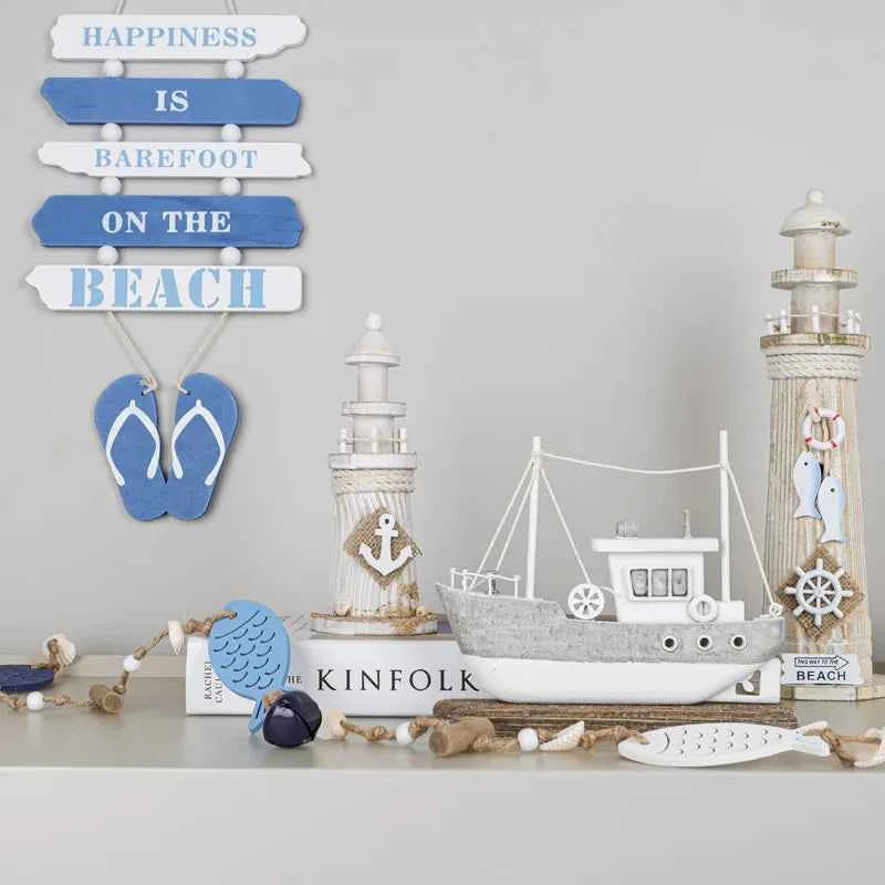 Mediterranean Style Home Decoration Figurines Desktop Ornaments Ocean Wooden Lighthouse Model Wood Ship Crafts Wall Decor Plaque