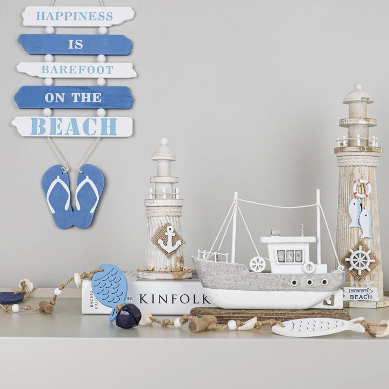 Mediterranean Style Home Decoration Figurines Desktop Ornaments Ocean Wooden Lighthouse Model Wood Ship Crafts Wall Decor Plaque