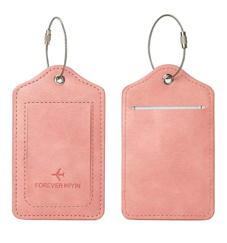 PU leather luggage tag with anti loss wire rope loop and built-in privacy protection cover, suitable for luggage and travel bags