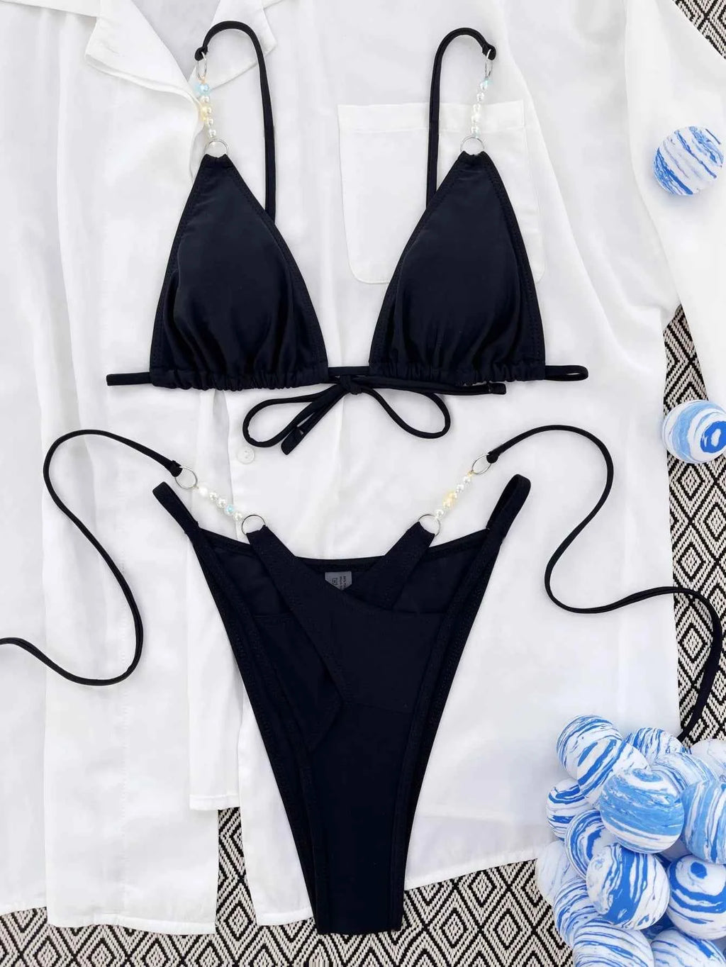 Solid Black 2-piece Swimsuit for Women,Pearl Chain Suspender Bikini,high Waist Thong Beach Backless Bathing Suit,swimwear 2025