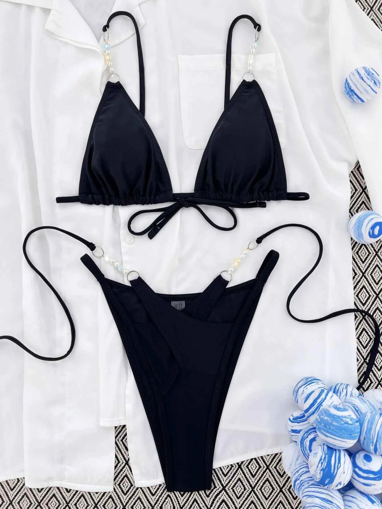 Solid Black 2-piece Swimsuit for Women,Pearl Chain Suspender Bikini,high Waist Thong Beach Backless Bathing Suit,swimwear 2025