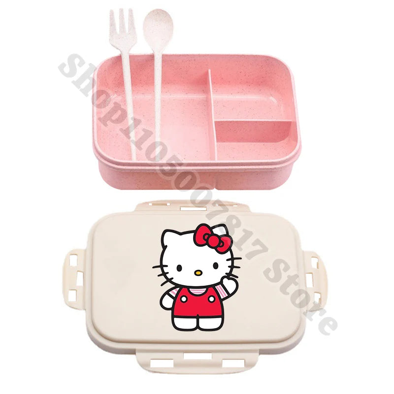 Kids Portable Plastic Lunch Box Hello Kitty Cartoon Cute Lunchbox with Spoon Fork Children Anime Food Fruit Containers Xmas Gift