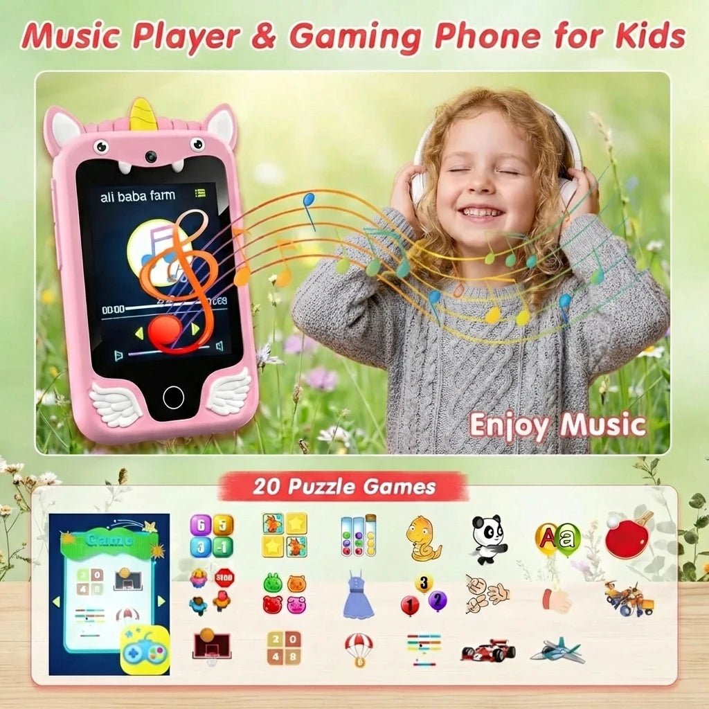 Kids Smartphone Toy with Camera & MP3 Player, Touchscreen Learning Phone for Boys Girls Silicone Pretend Cell Phone Gift