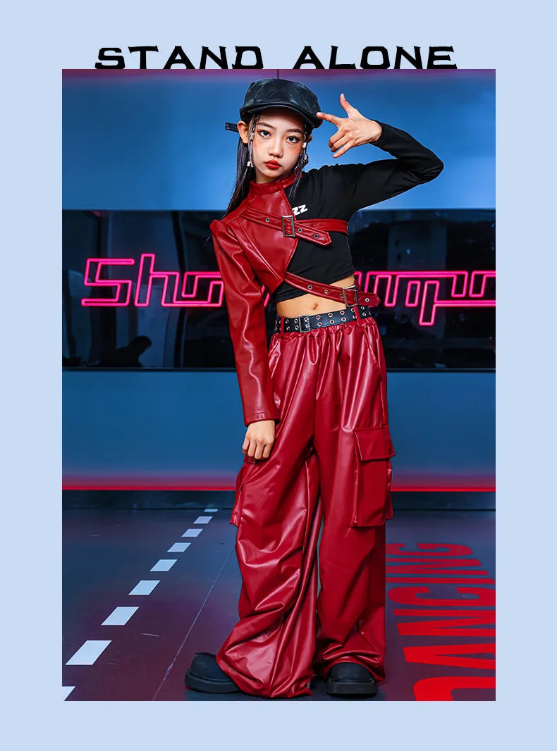Kid Hip Hop Clothing T Shirt Crop Top Wine Red Arm Sleeve Faux Leather Casual Cargo Pants for Girl Jazz Dance Costumes Clothes