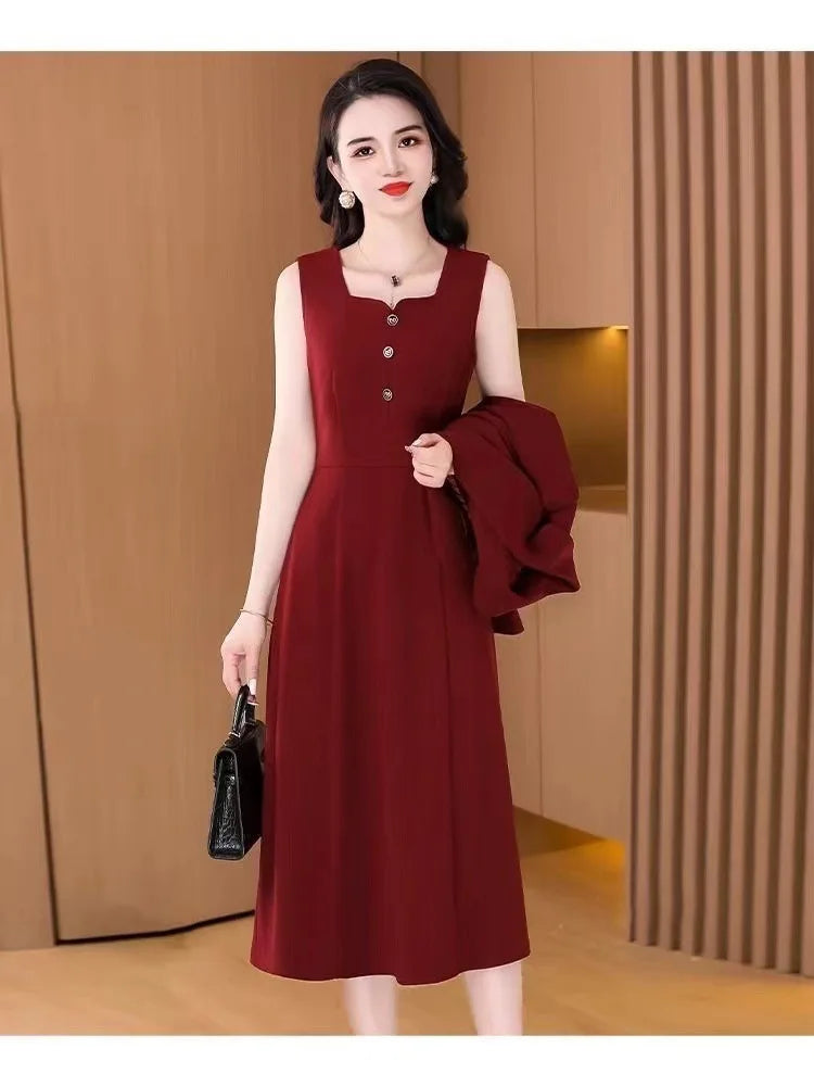 Fashionable Red Two-Piece Set Korean Japanese Style Women's Dress Suit Autumn Spring Lightweight Polyester Commute Style
