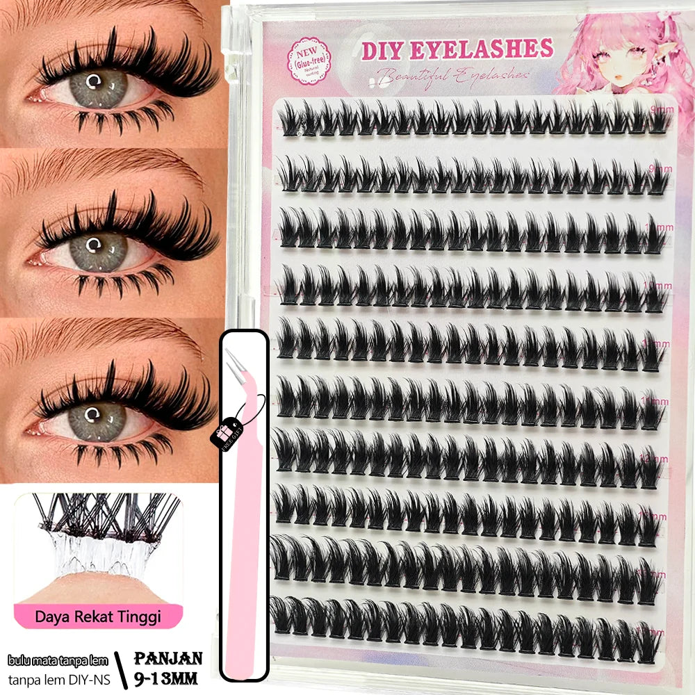 10 rows of 200 clusters of self-adhesive false eyelashes, makeup eyelashes, extending soft eyelashes, 9-13mm（MIX)