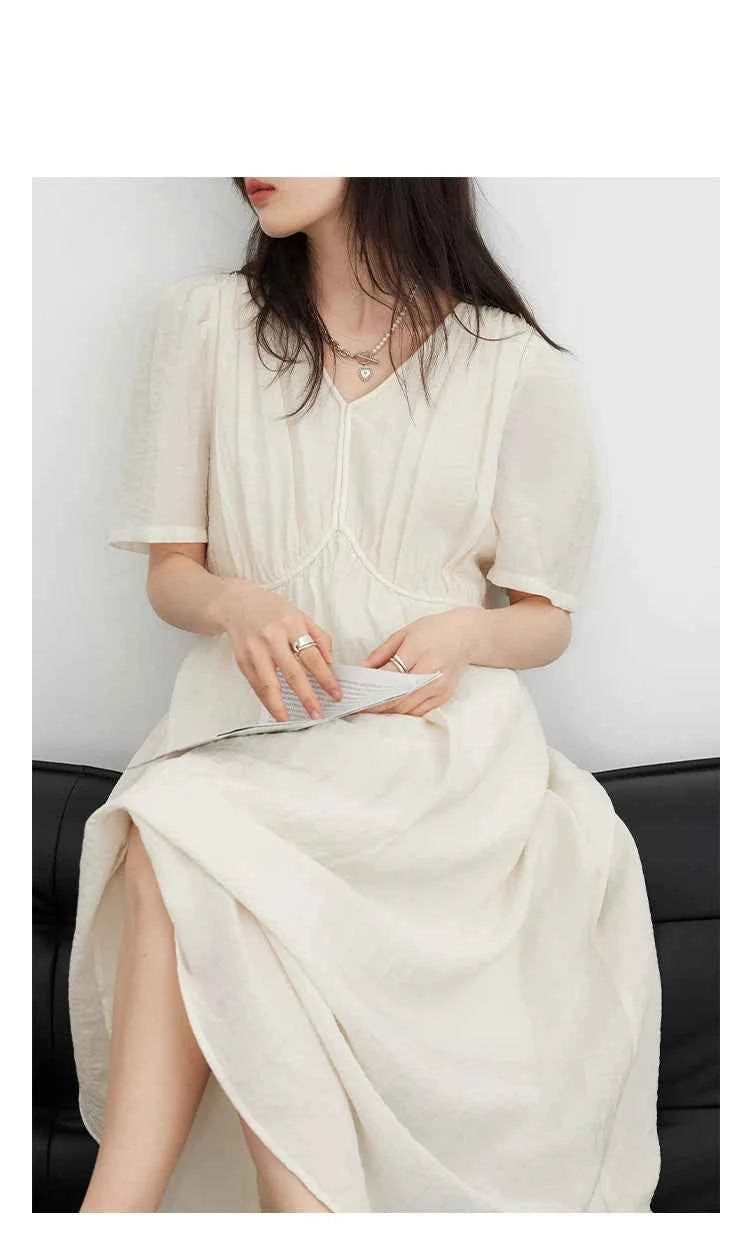 CHIC VEN Women Dresses French Style Vintage V-neck Puff Sleeve Long Dress Solid Black Loose Female Clothing Summer New 2023