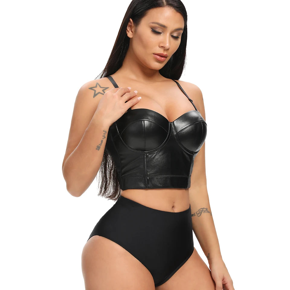 Aonve Women Summer Sexy Top PU Leather Festival Clothing Tops Bralette Cropped Top Female Punk Goth Clubwear Black Red Plus Size