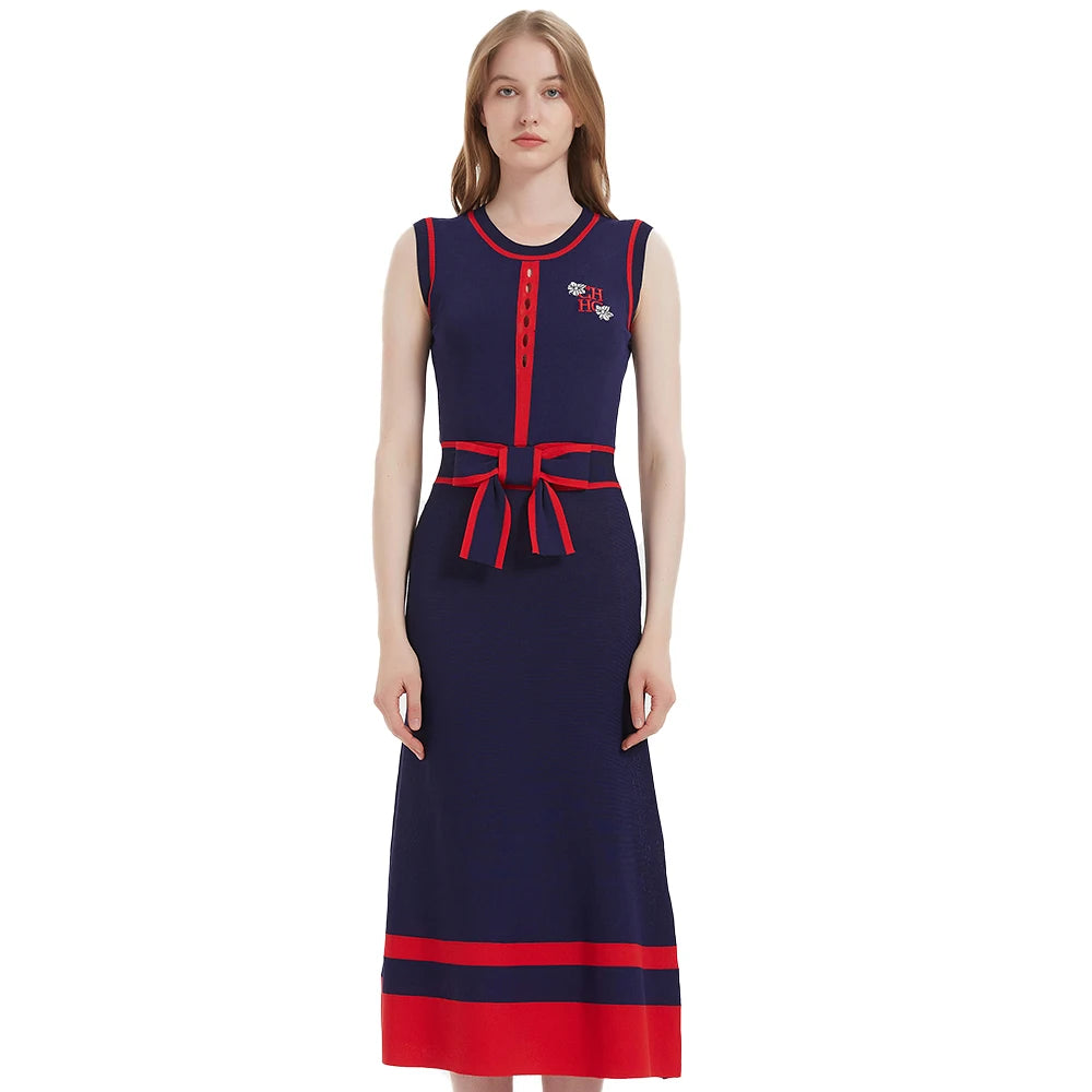 CHCH Women's Dress 2024 New Sleeveless Knitted Long Dress Simple navy blue Business Women's Wear
