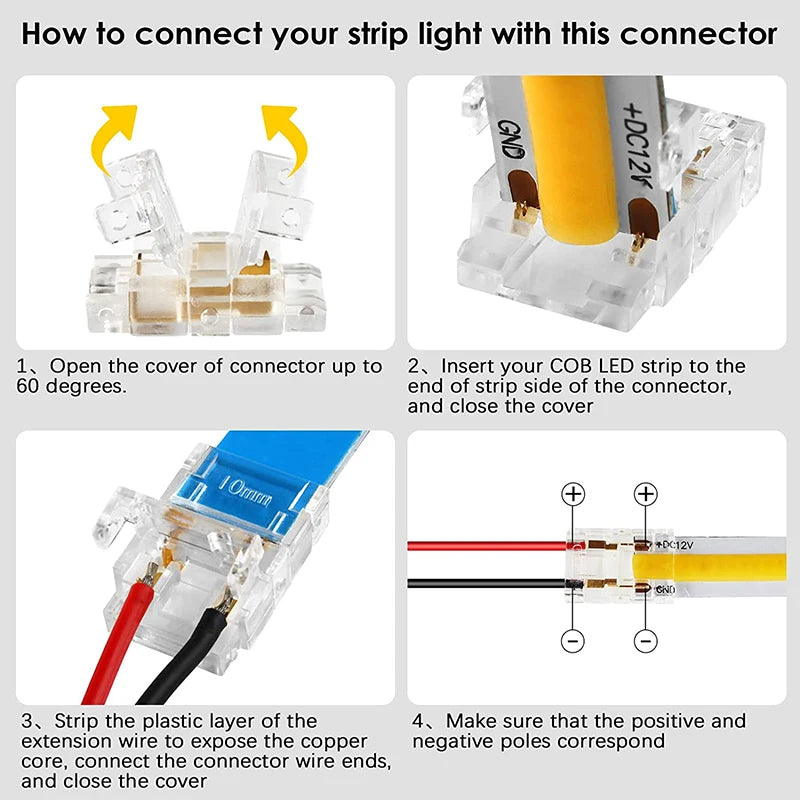 COB Strip to Wire LED Connectors 5 8 10mm Connection Solderless Extension For CCT FCOB RGB LED Strip Lights 2 3 4 Pin Connector