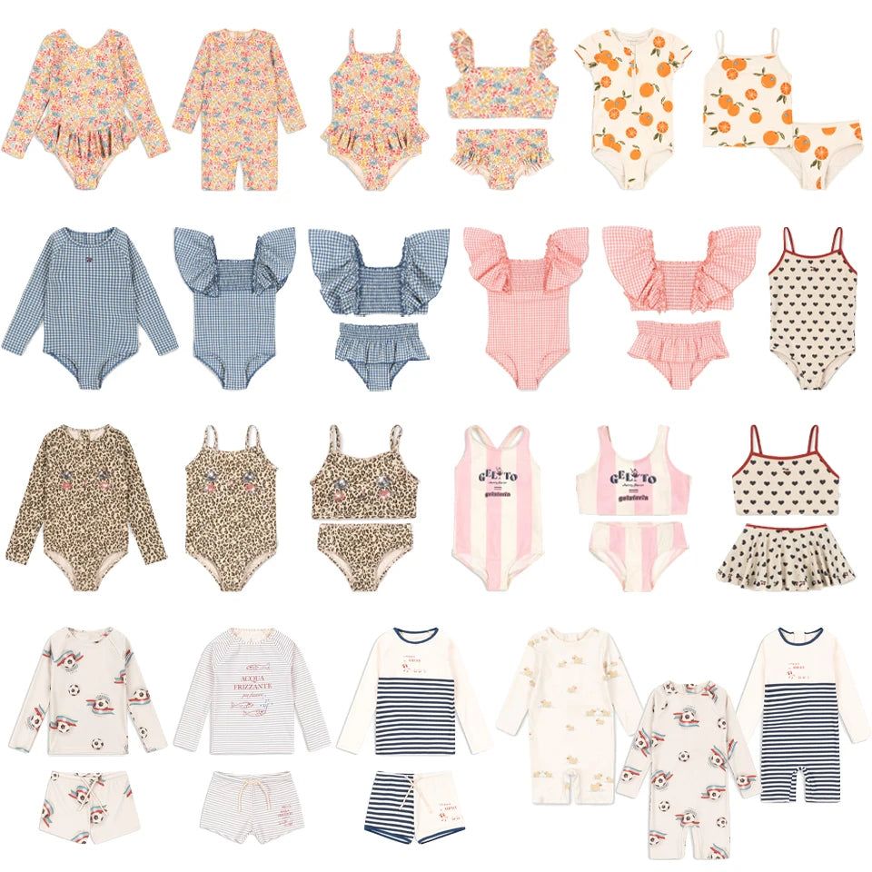 2026 Girls Swimsuits One Pieces Holiday Summer KS Boys Swimming Trunks Baby Child Seaside Swim Bikini Vacation Kid Swimwear Sets