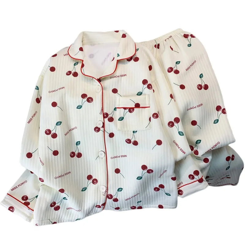 Korean Style Colourful Dot Women's Sleepwear Set 2025 Autumn Winter New Pajamas Set Cute Lapel Neck Casual Homewear 2PC Suit