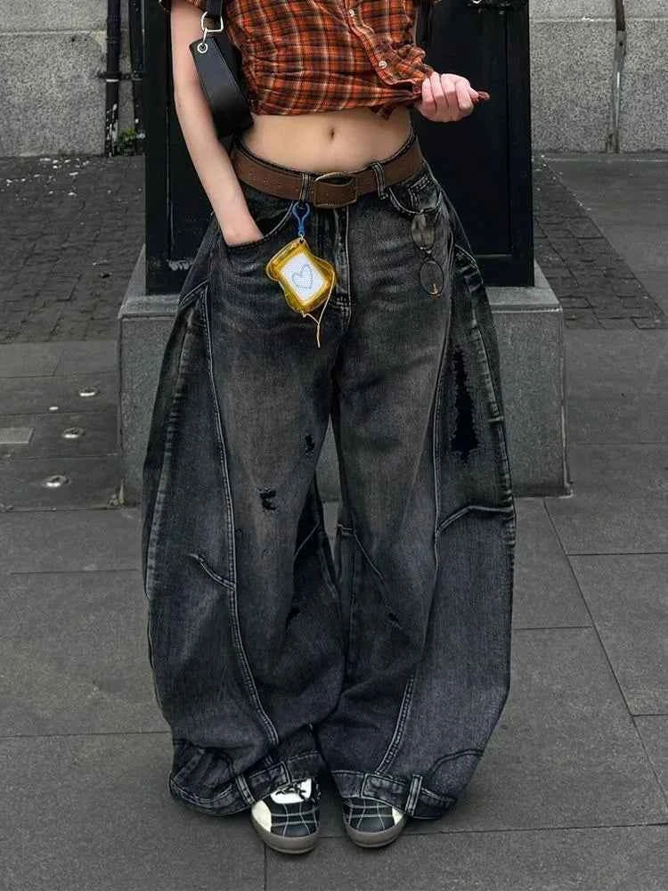 Black Jeans Women Vintage High Waisted Cargo Jeans Straight 2025 Summer Casual Loose Big Size Wide Leg Denim Baggy Pants Y2K