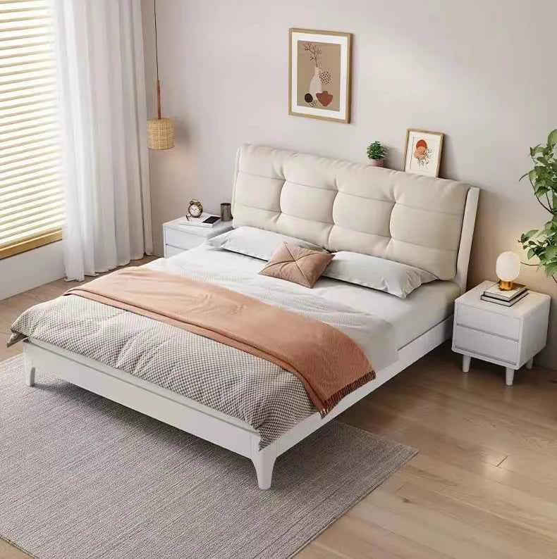 Home Furniture Bedroom Heavy Duty Wood Platform Dormitory Bed with Wood Headboard, Modern Double Bed Frame