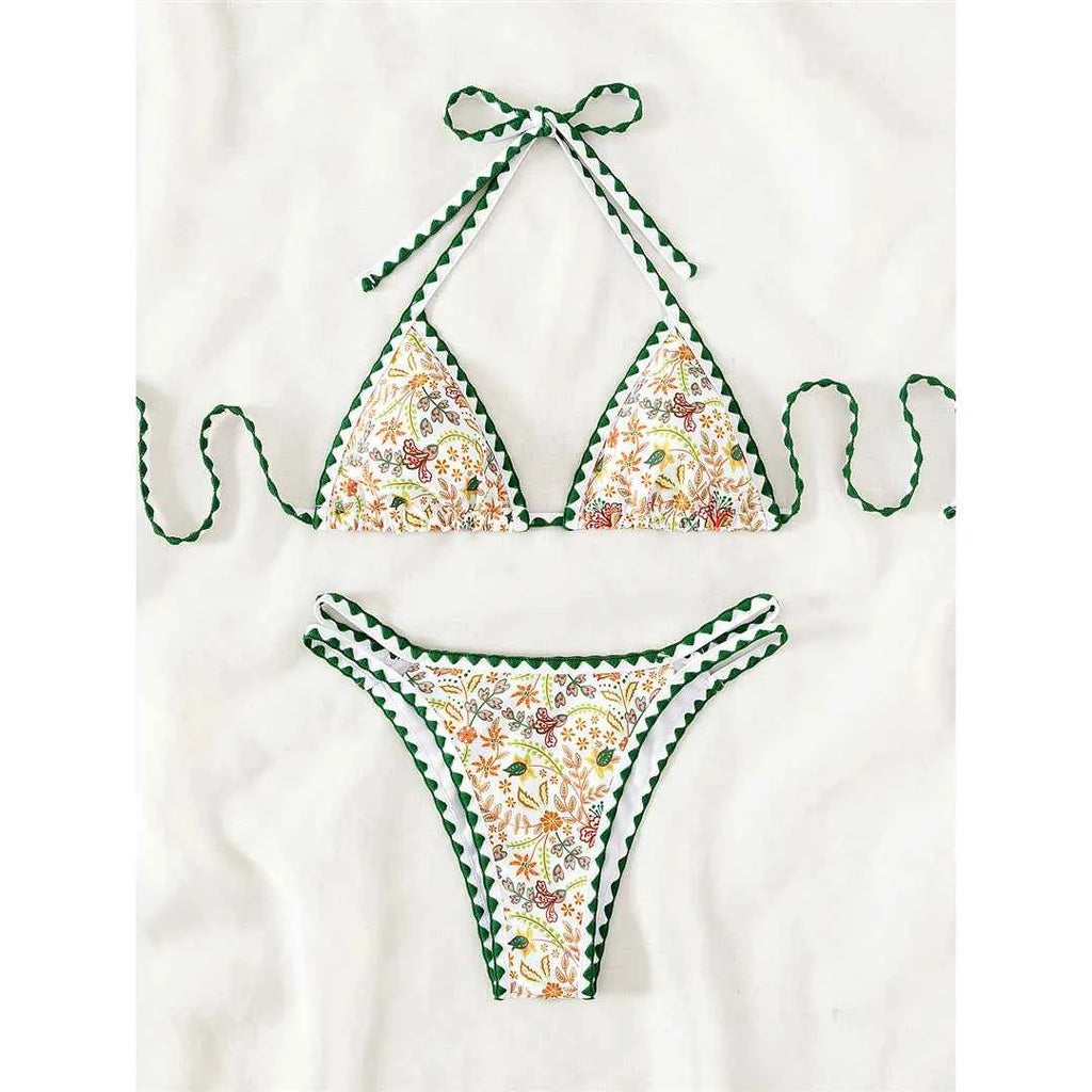 Sexy Flower Printed Halter Brazilian Bikini Female Swimsuit Women Swimwear Two-pieces Bikini set Bather Bathing Suit Swim K4997