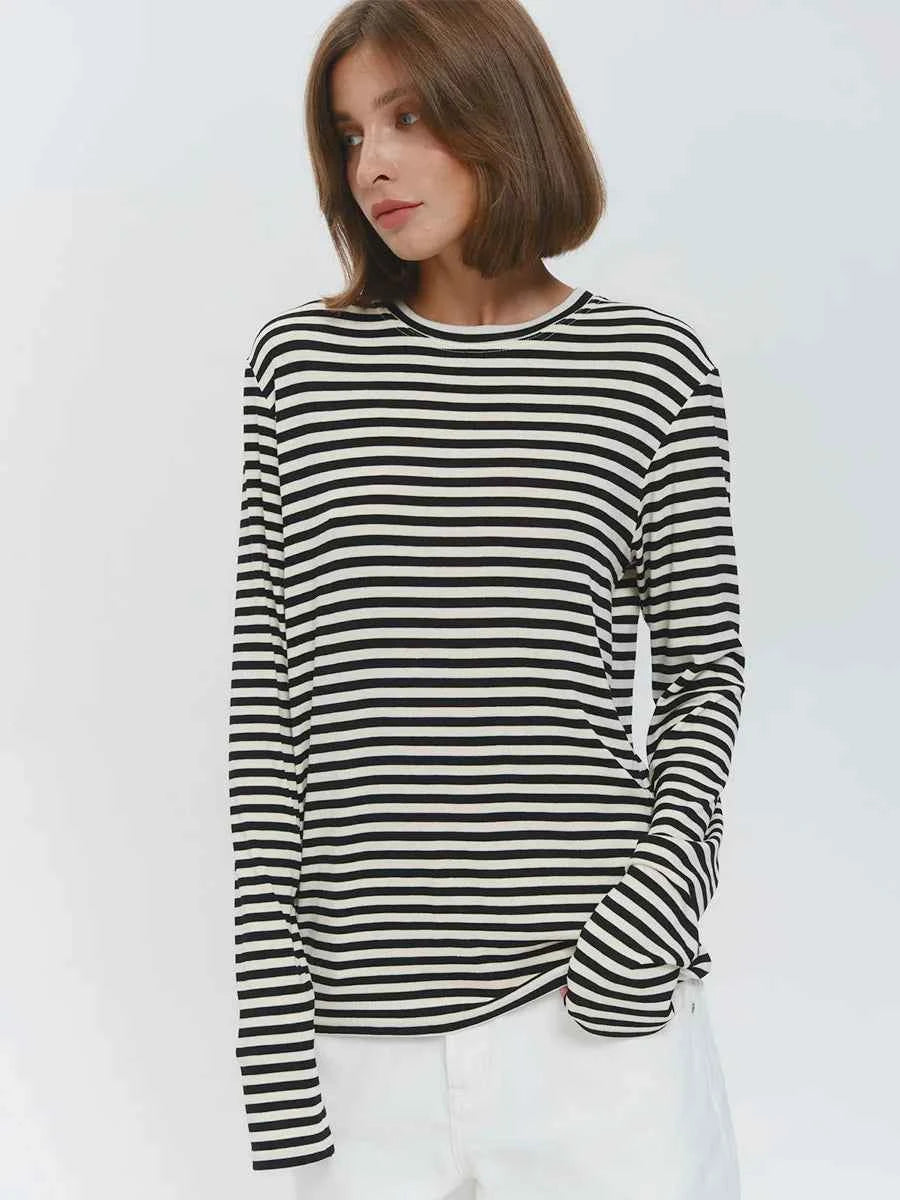 Bornladies Autumn New Fashion Women Cotton Striped Long Sleeve T Shirt Office Casual Simple Round Neck Pullover Tops & Tees