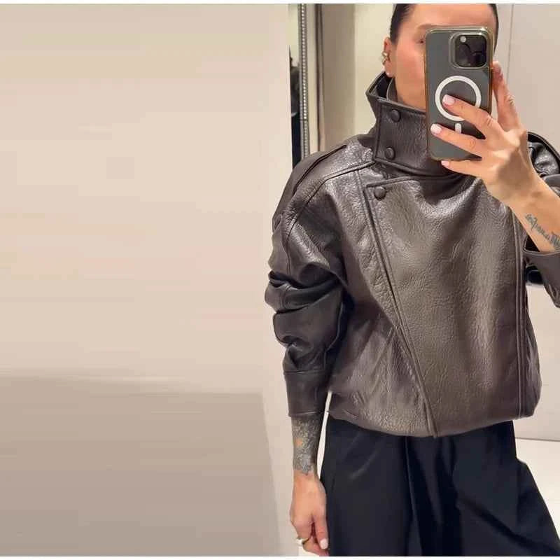 Vintage PU Leather Women's Jacket Stand Collar Zipper Button Coats Female Long Sleeve Outerwear Spring Lady Street Jackets