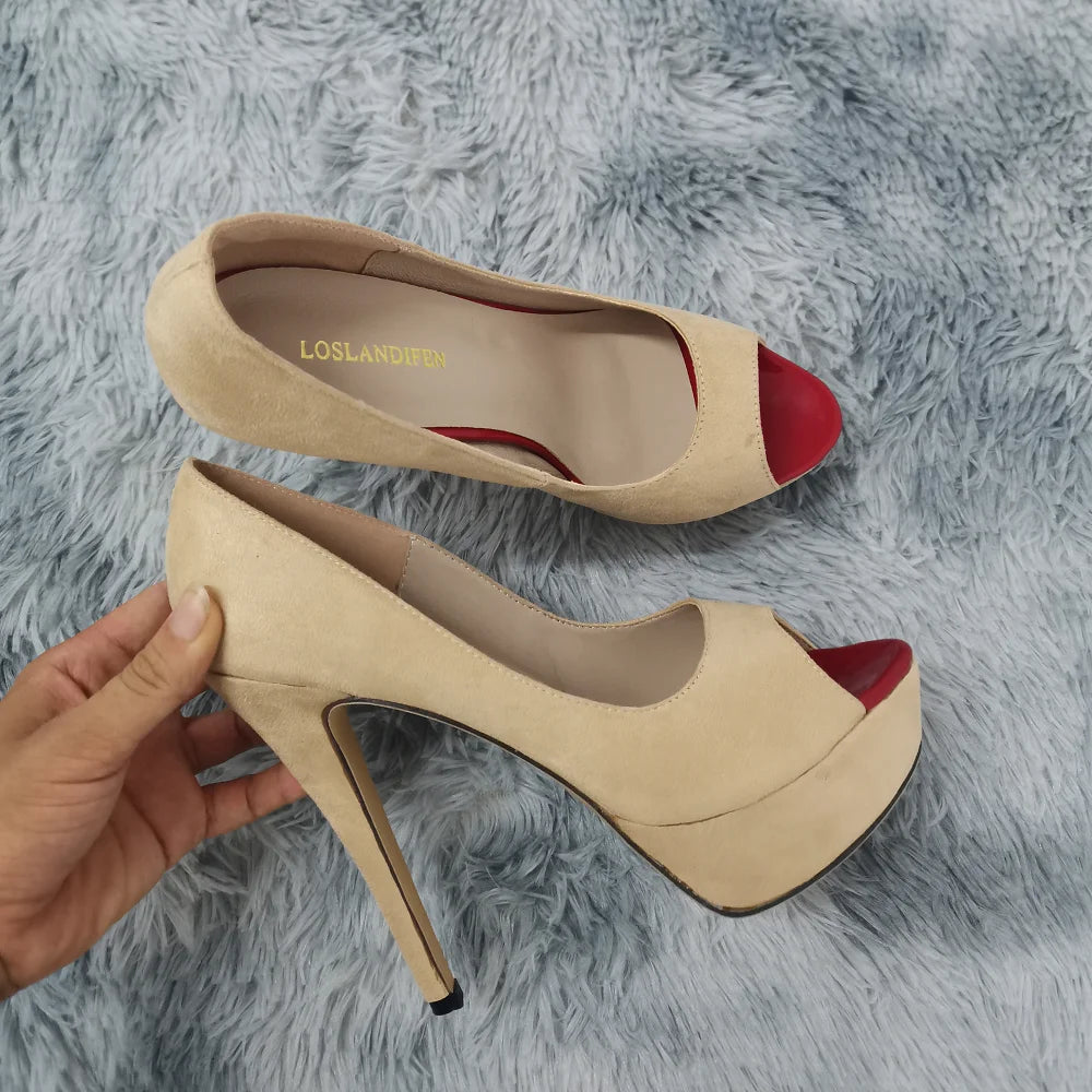 Women Stilettos Sexy High Heels Shoes Peep Toe Velvet Pumps Platform Lady Evening Party Red Wedding Black Office Shoes 817-16VE