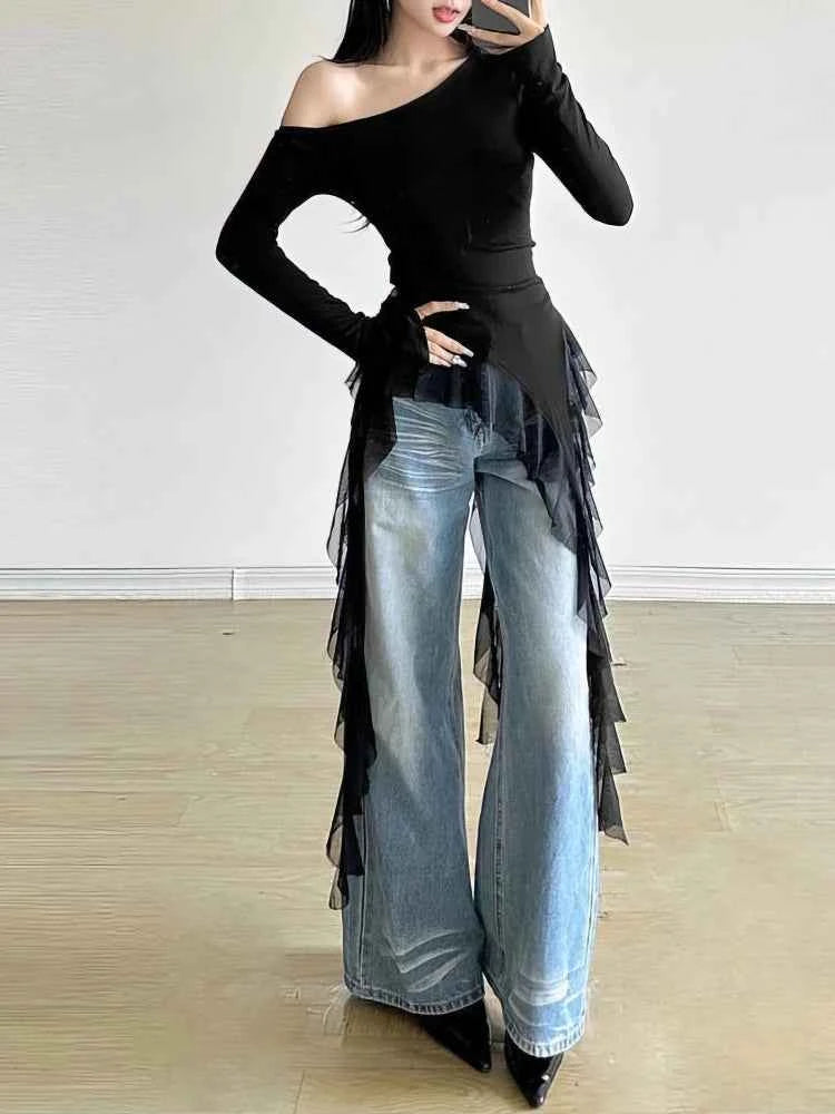 Lace Ruffles Tassel Off shoulder Long sleeve T shirt Women Sweet Gentle Basic Top Tees Shirt Sexy 2025 New