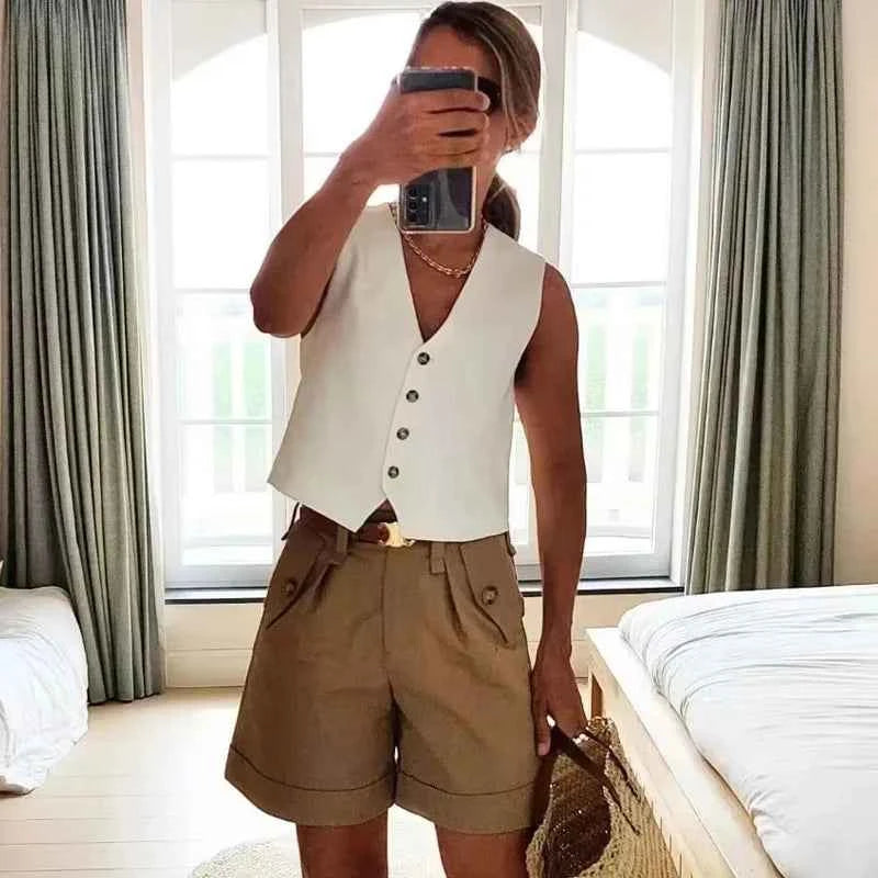 HXAO Fashion Sleeveless Vests For Women Button Up White Crop Top Office Casual Waistcoat Jacket Woman Summer Suit Black Vest Top