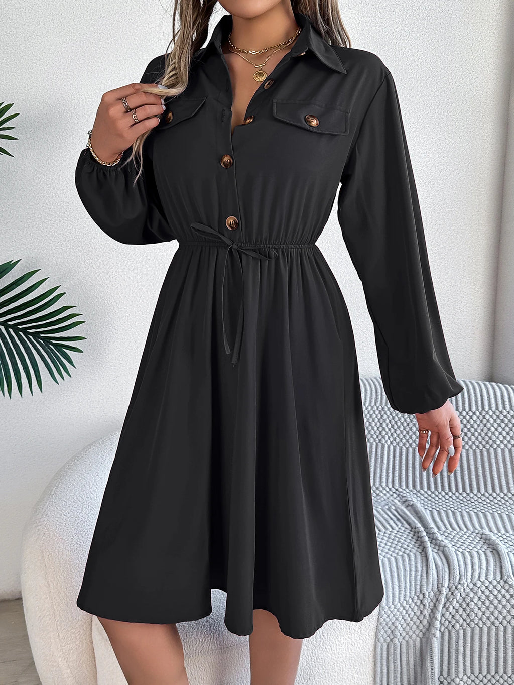 Autumn Winter Dresses for Women Casual Solid Color Button Tie Up Long sleeved Shirt Dress Blue  Green Black Red Woman Clothing