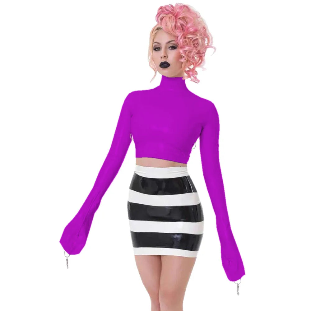 Sexy Crop Tops with Finger High Neck, Slim Skinny Leather, PVC Short Shirts, Vinyl Sexy Top with Lock Key, Club Night