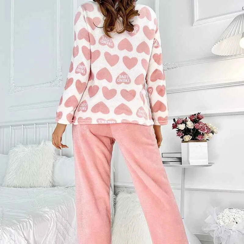 Thick and Warm Winter Flannel Sleepwear Soft Long Sleeved Pants Women's Pyjamas Set Heart-Shaped Pattern Student Nightwear