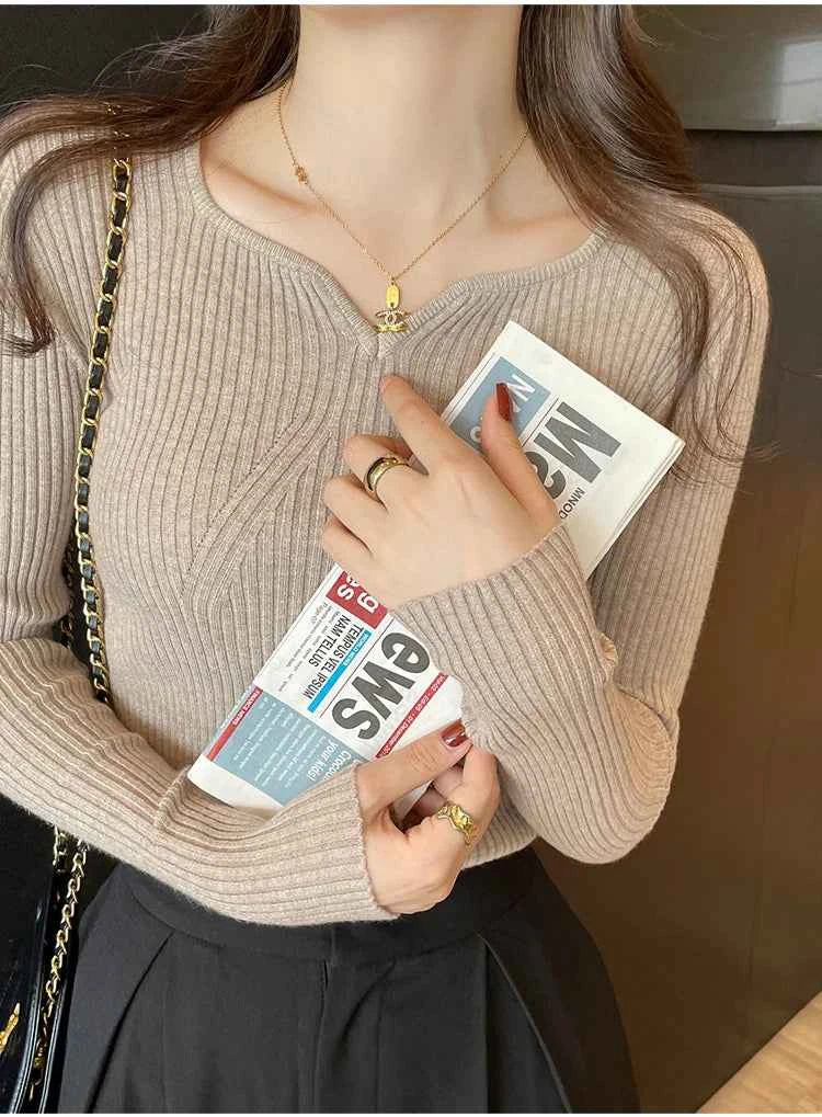 2026 Basic V-neck Chic  Autumn Winter Pullover Women Female Knitted Ribbed Sweater Slim Long Sleeve Badycon High Quality Sweater
