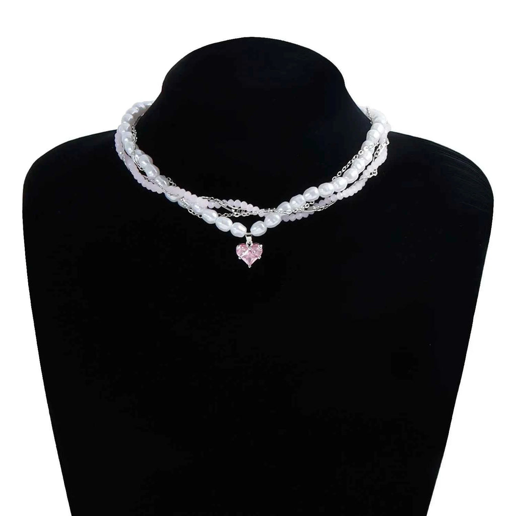 Y2K Heart Beaded Necklace Women Boho Crystal Class Gravel Clavicle Chain Cool Y2K Choker Exquisite Fashion Jewelry