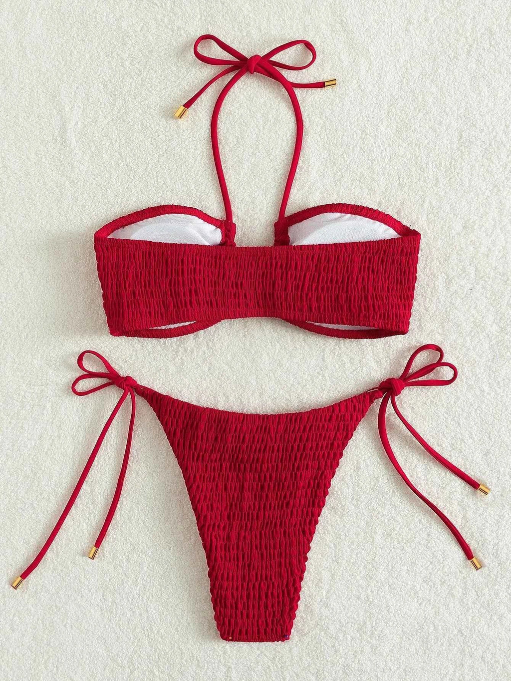 Sexy Triangle Bikini 2024 Women Red Black Ribbed Push Up Micro Swimsuit Cut Out Metal Designer Bathing Suit Knot Thong Swimwear