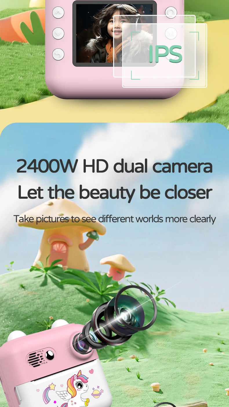 Kids Photo Camera Printer with Game Cute Bunny Mini Digital Video Child Instant Print Camera 4-12 Years Kids Girls Boyes Gifts