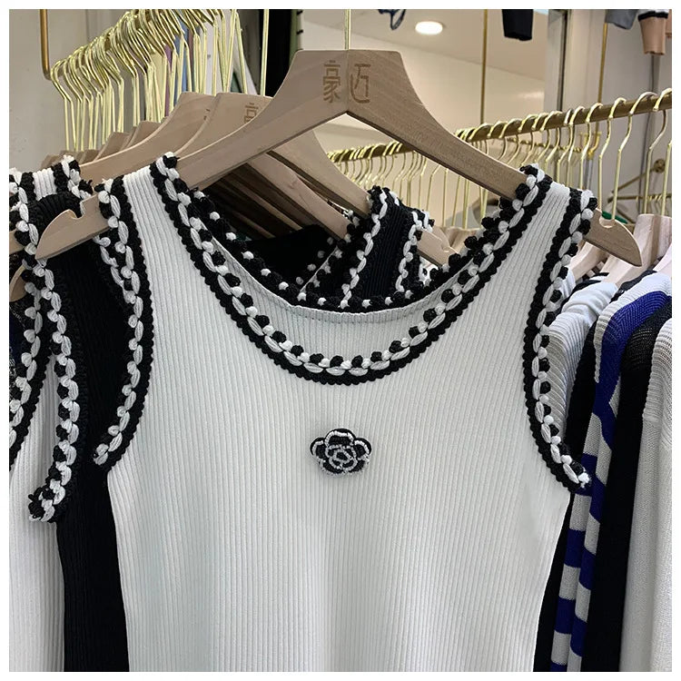 Women Summer Thin Curved Beads Knitted Vest Sleeveless Knit Camisole Tops Female O-Neck Outer Wear Inner Top Tank Rose