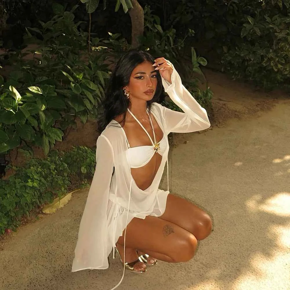 Sexy Swimsuit For Women Swimwear 2025 New 3 Pieces Swimsuit With Cover Up Bandeau Hollow Out Beachwear Biquini Female Bodysuit