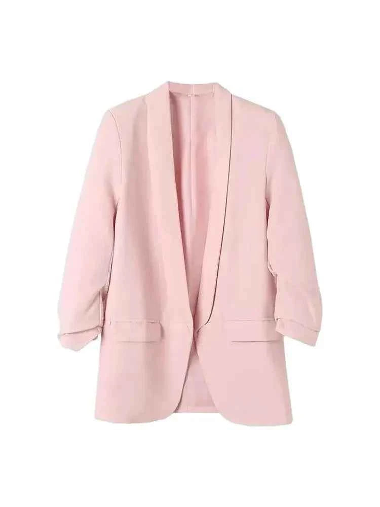 Women Fashion Office Wear Open Blazer Coat Vintage Long Pleated Sleeves Flap Pockets Female Outerwear Chic Tops