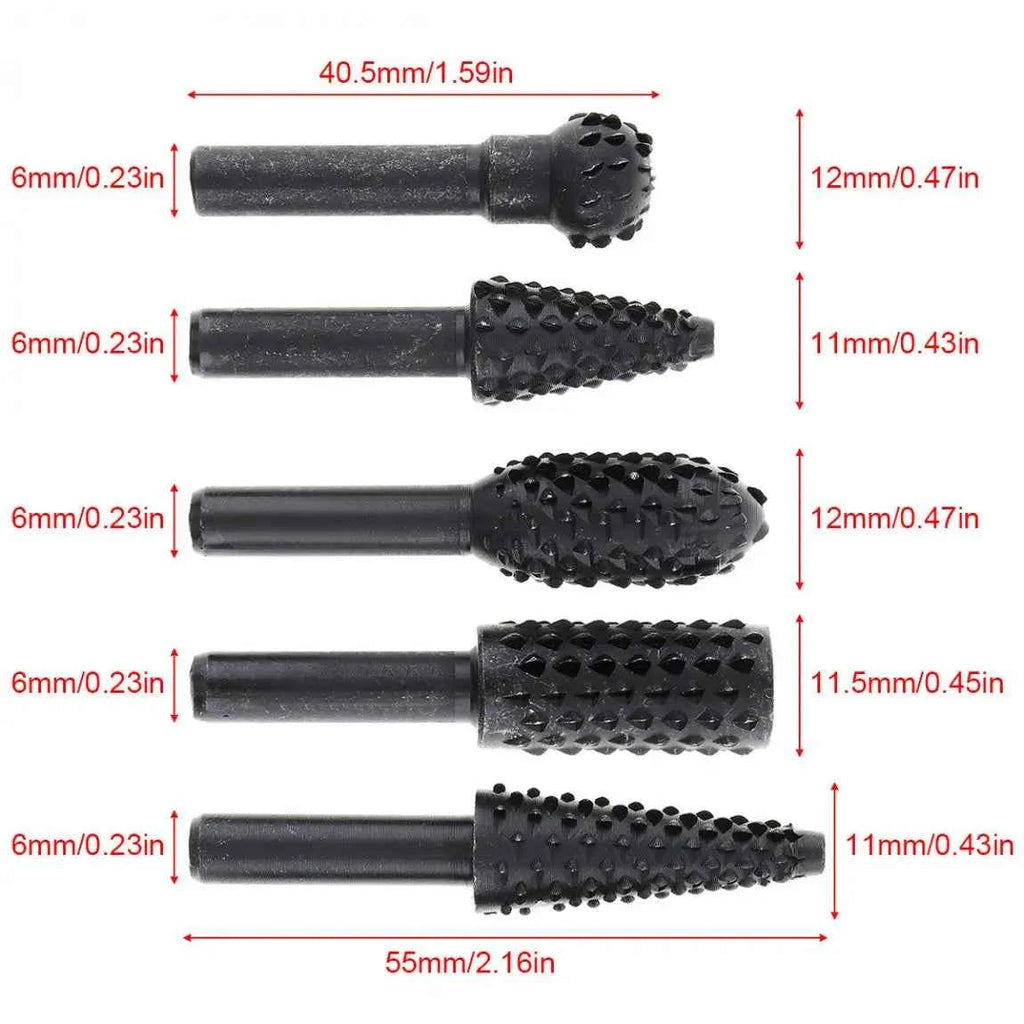 5pc Black Woodworking Wolf Tooth Stick Rotary File DIY Grinding Accessories Set Electric Grinding Head Tool