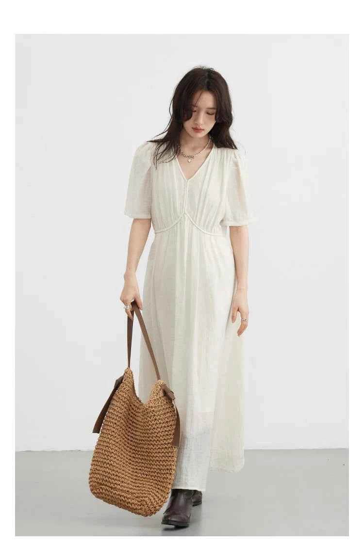 CHIC VEN Women Dresses French Style Vintage V-neck Puff Sleeve Long Dress Solid Black Loose Female Clothing Summer New 2023