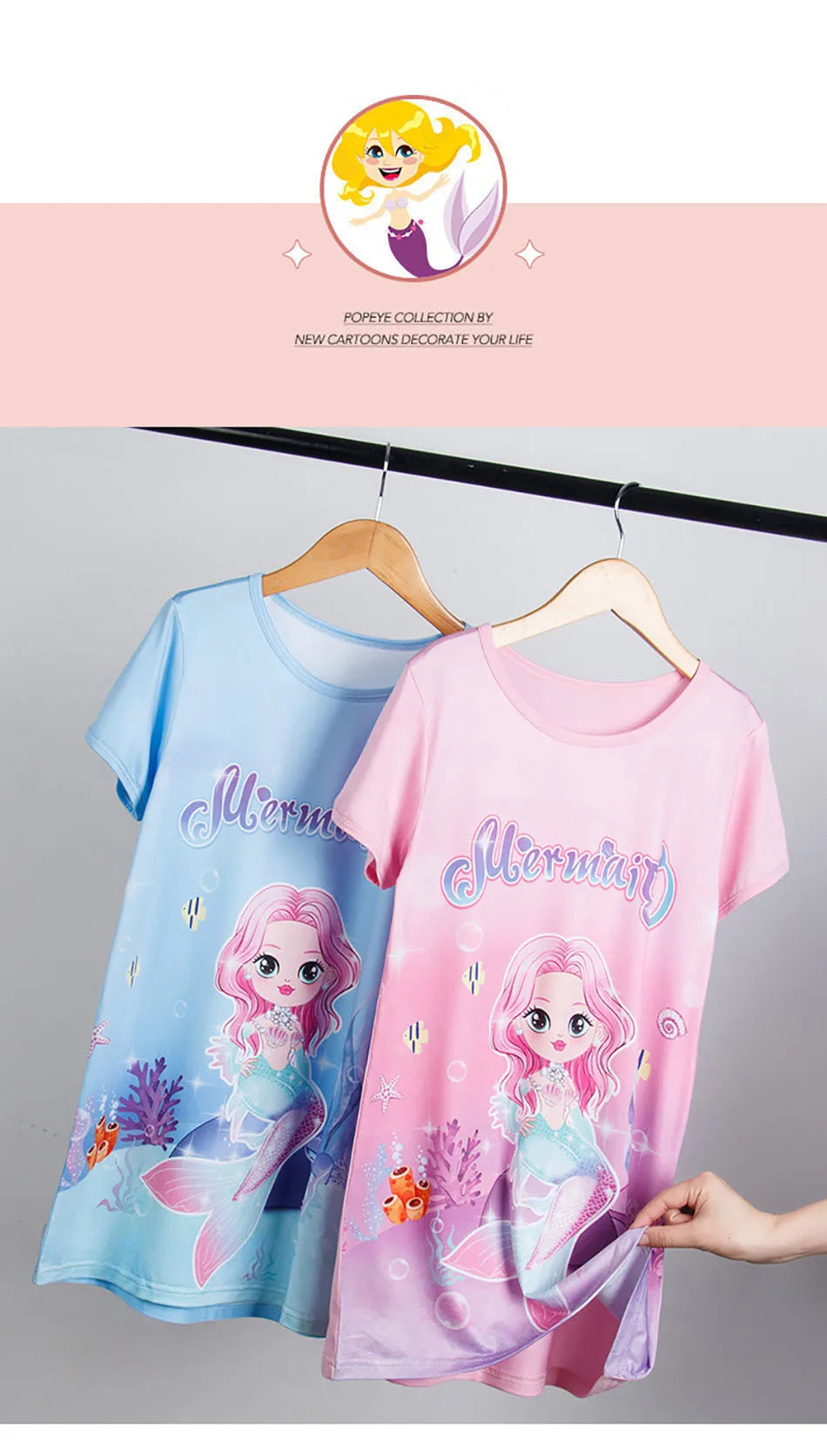 Girl Mermaid Dress Children Short Sleeve Summer Princess Dress Breathable Cartoon Print Girls Soft Silk Nightgown Kids Sleepwear