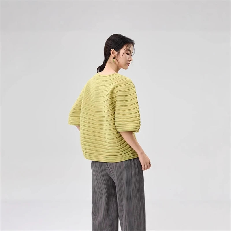 LANMREM Casual Pleated Texture Round Neck Half Sleeve Thick Wome's T-shirt Chic New Knitwear Fashion Pullover Top Chic 2DB5036