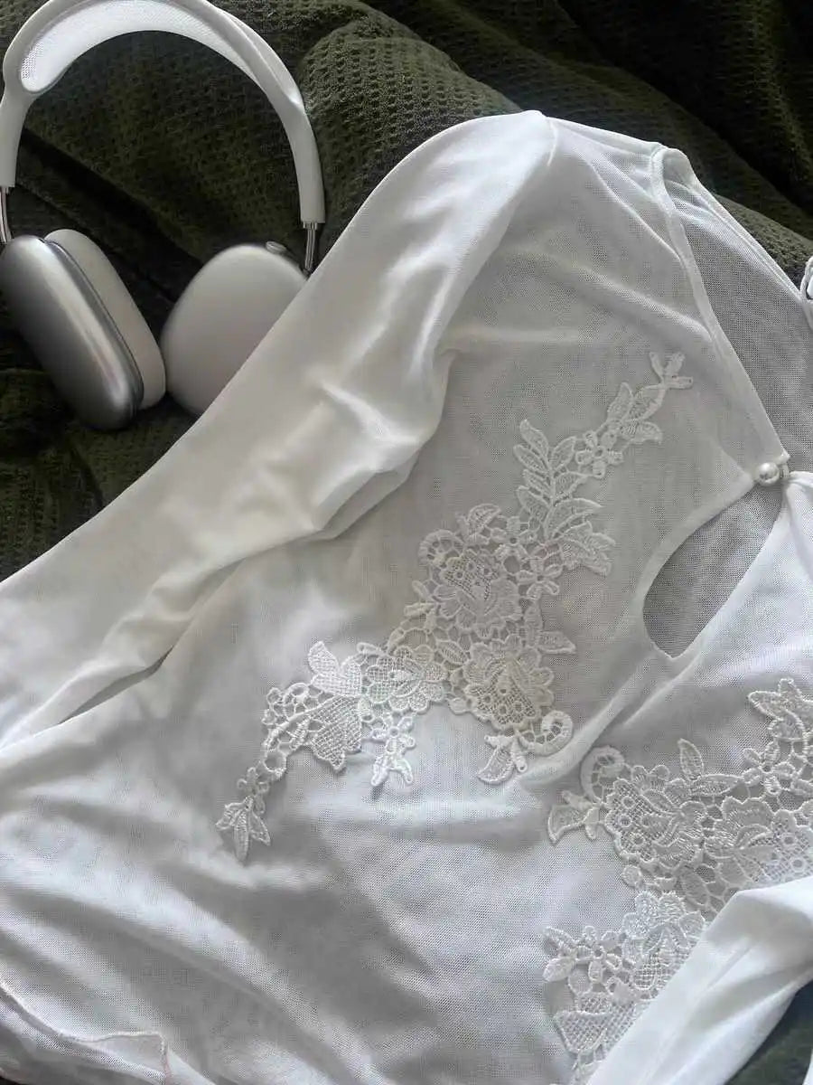 HOUZHOU Y2k Sexy White T-Shirts Women Coquette Mesh Embroidery Chinese Style Long Sleeve Tees Slim Hollow Out Solid Color Spring