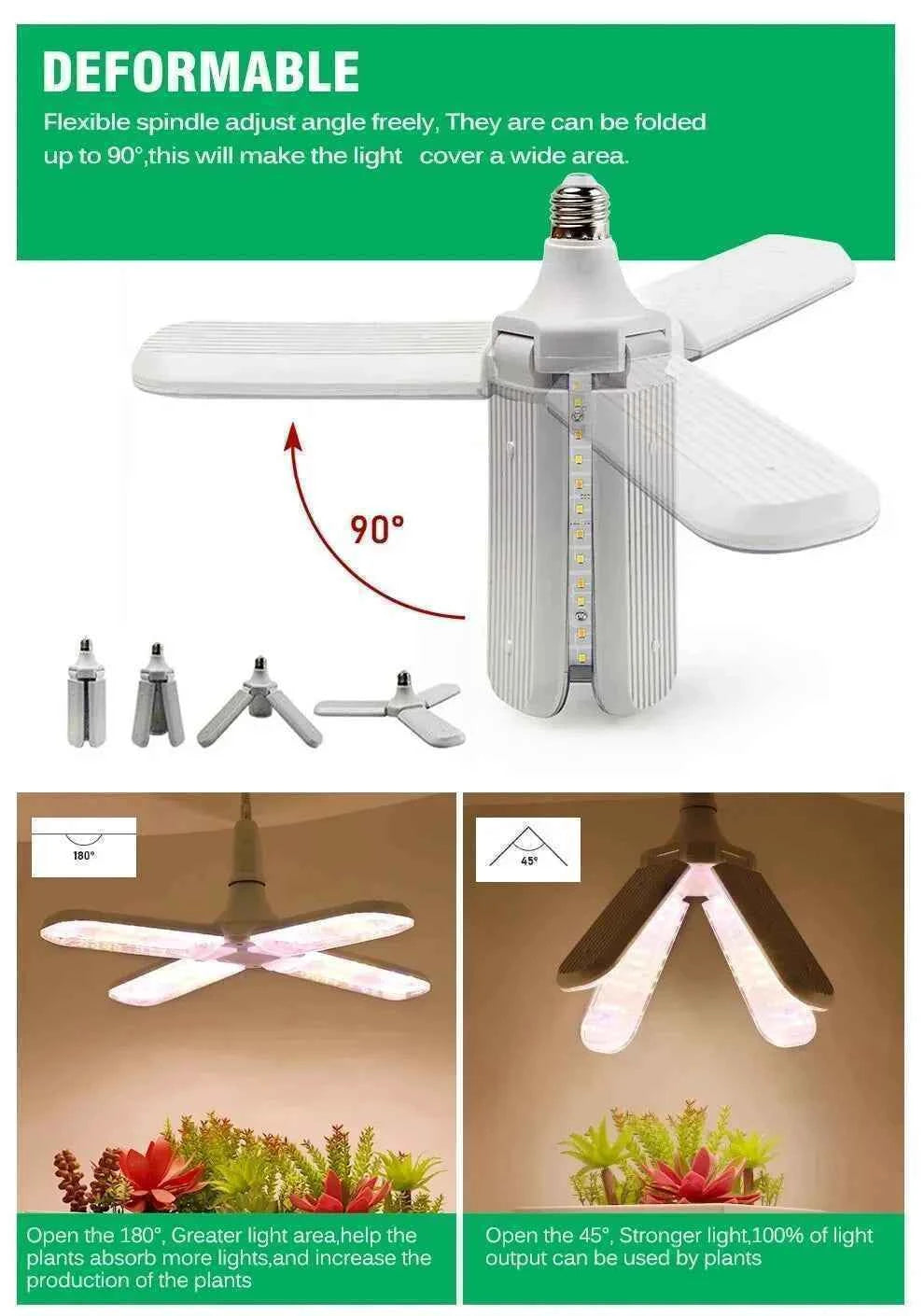 24/36/48W Fan Leaf Foldable LED Grow Light Full Spectrum E27 Plant Growing Light Phytolamp Bulb Indoor Plants Flower Seedling