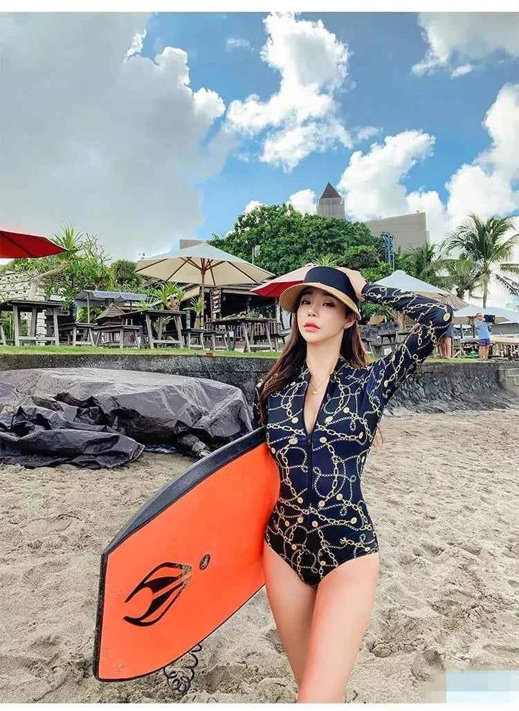 Style Diving Sun Protection Long-sleeved One-piece Ins Slimming Belly-covering Conservative Swimsuit for Women Jellyfish Suit