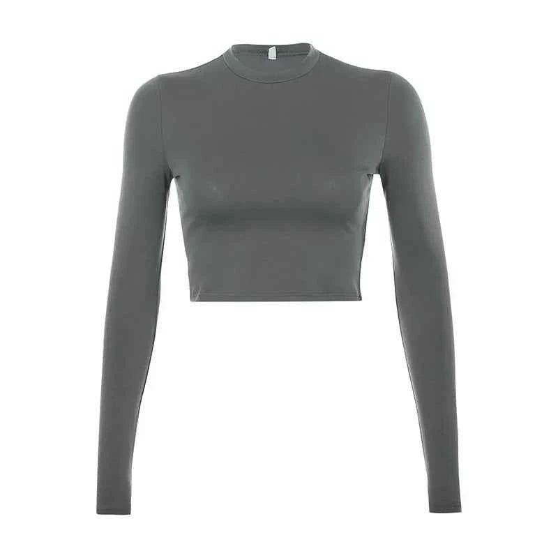 Solid Basic Long Sleeve Womens Tshirt Casual Black White Fashion Crop Top T Shirt Ladies Fashion Korean Tee Shirt