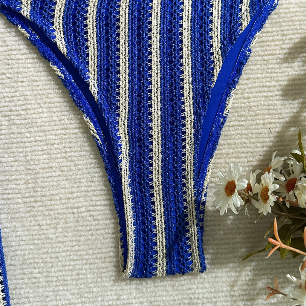 Vintage Red Striped Bikini Set 2026 Women Drawstring Long Panties 3 Piece Swimsuit Beach Holiday Bathing Suit Thong Swimwear